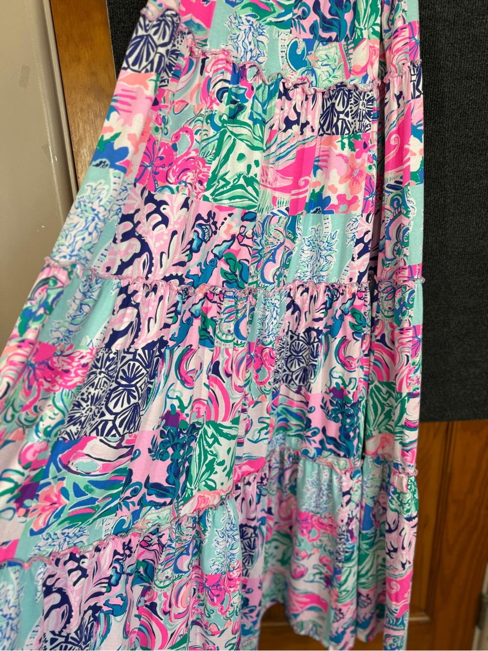 Lilly Pulitzer Loro Pink Patchwork Floral Tiered Cotton Maxi Dress Size M - Picture 6 of 15